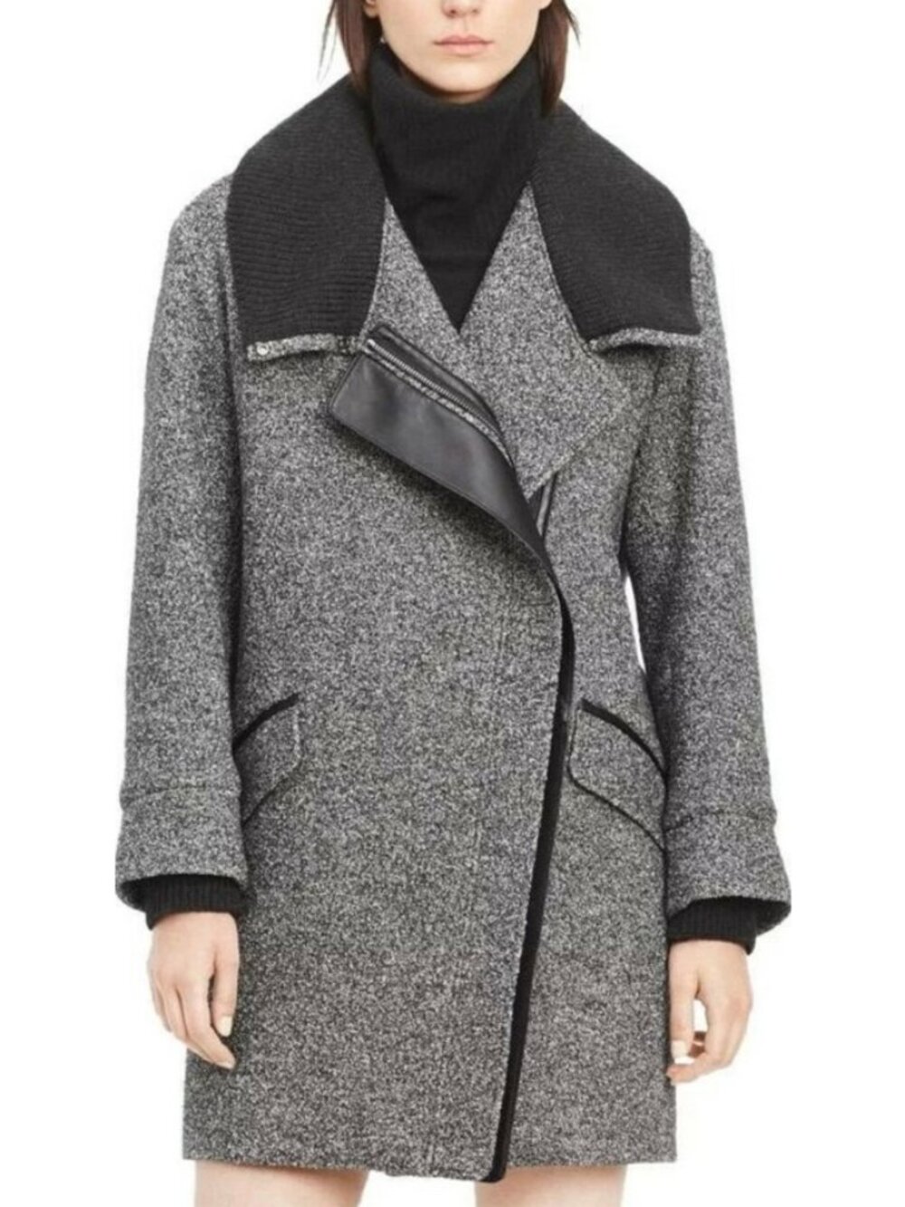 Vince Wool Cotton Gray Tweed Leather Trim Peacoat Size S